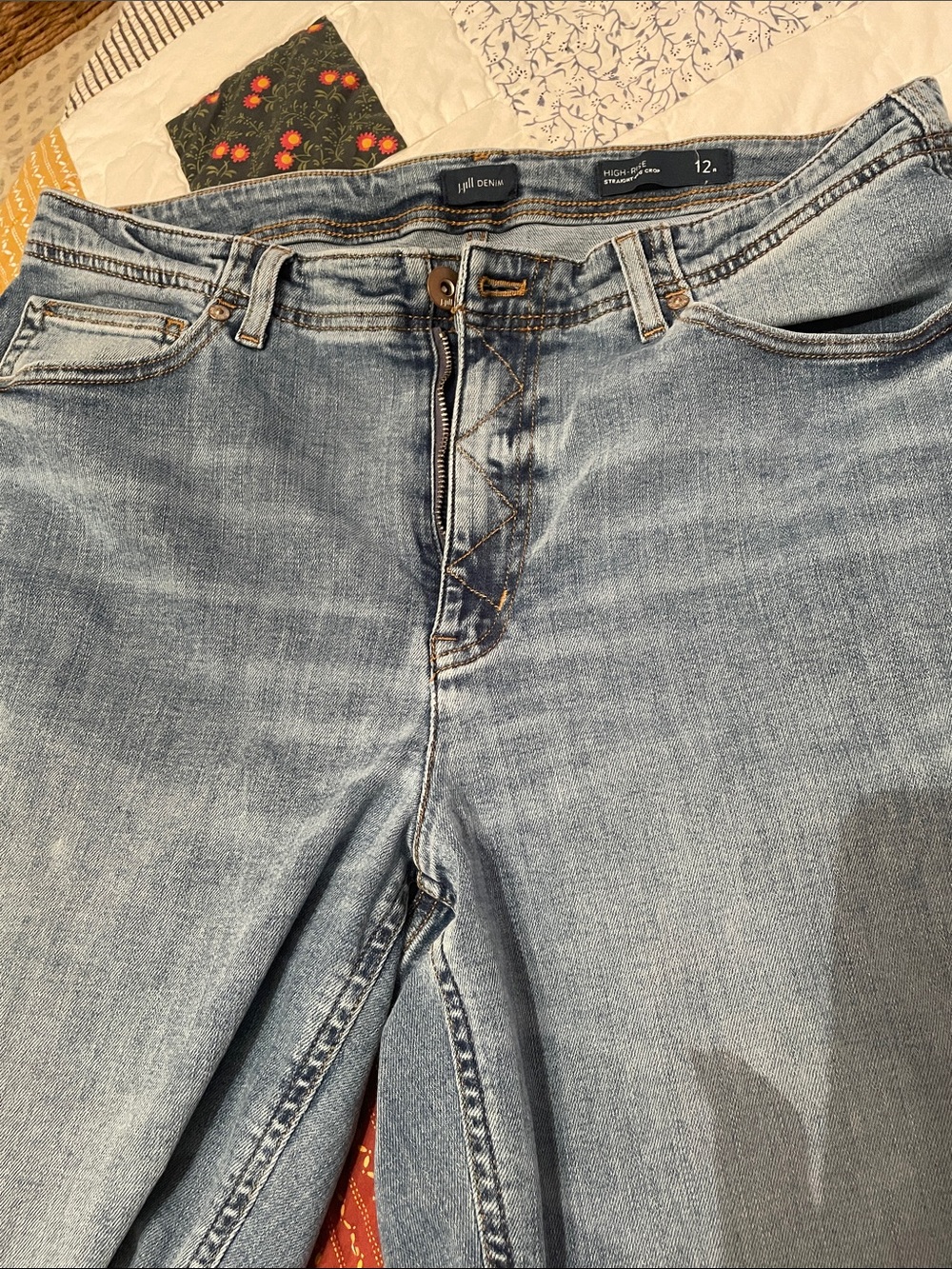 J.Jill Denim high rise straight leg crop jeans with shredded hems